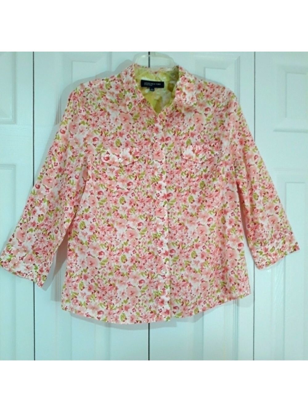 Jones New York Signature women's shirt floral 3/4 sleeve button down Cotton Larg